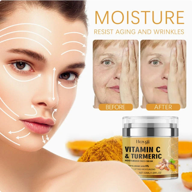 Crema Hidratante Facial con Vitamina C y Cúrcuma | Iluminadora, Antimanchas y Antiedad | Colágeno y Ácido Hialurónico | 50g